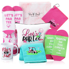 Geyoga 7 Packs Golf Gift for Women Embroidered Golf Towels with Golf Makeup Bag Mug Golf Socks Ankle Tab Socks Golf Accessories with Gift Box Golf Gifts for Women Birthday Gift