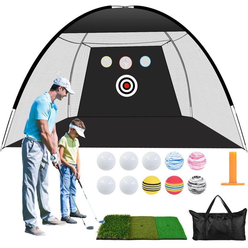 SRIVIJA Golf Net 10x7ft All in 1 Golf Practice Net with Golf Mat Impact Target 10 Golf Balls 1 Golf Tees 1 Carry Bag Golf Net for Backyard Driving Chipping Indoor