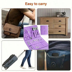 Professional 16-In-1 Purple Nail Care Set, With A Foldable PU Leather