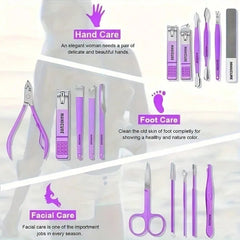 Professional 16-In-1 Purple Nail Care Set, With A Foldable PU Leather