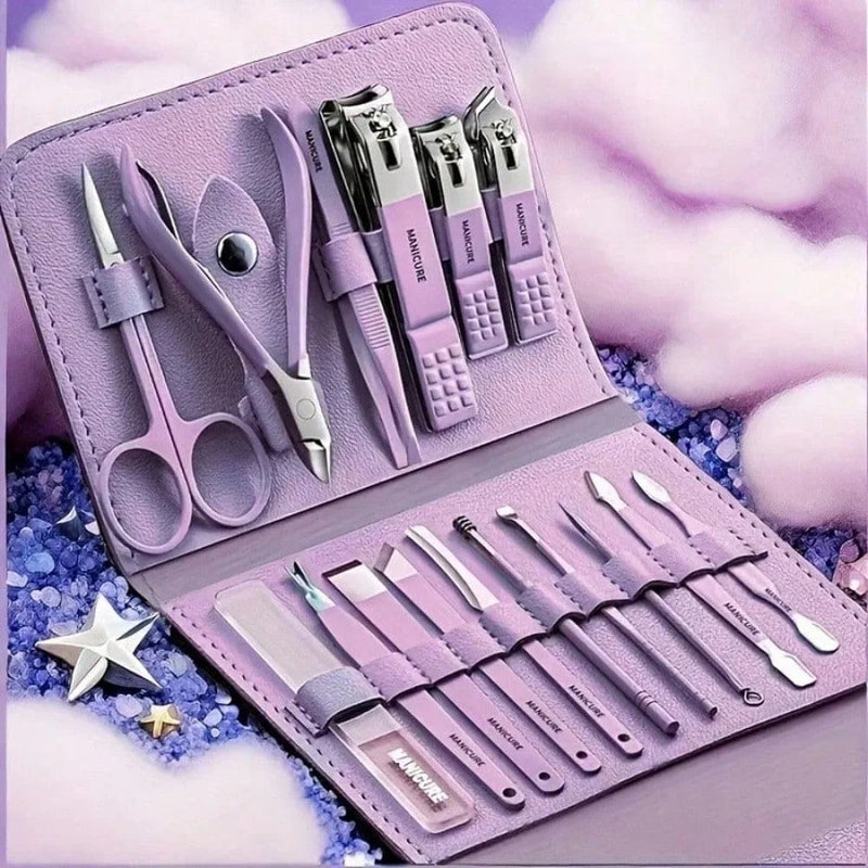 Professional 16-In-1 Purple Nail Care Set, With A Foldable PU Leather