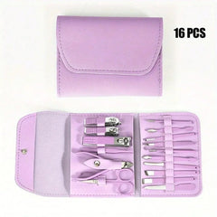 Professional 16-In-1 Purple Nail Care Set, With A Foldable PU Leather