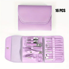 Professional 16-In-1 Purple Nail Care Set, With A Foldable PU Leather