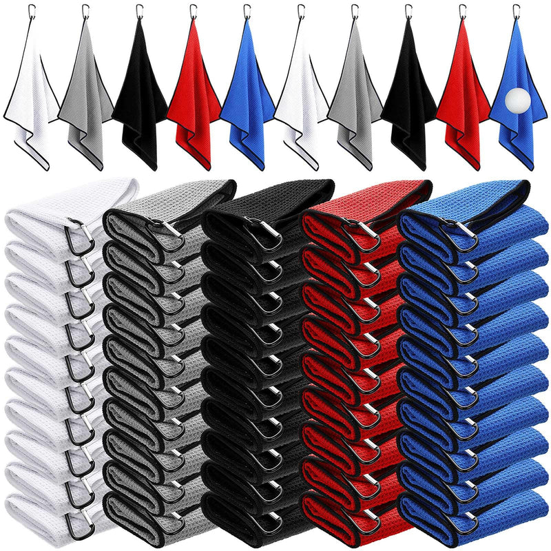 Batiyeer Golf Towels Bulk for Golf Bags 16 x 24 Microfiber Waffle Pattern Golf Towels Tri Fold Golf Towels with Clip for Mini Golf Tournament Hiking Yoga Golf Bags (Classic Color50 Pcs)