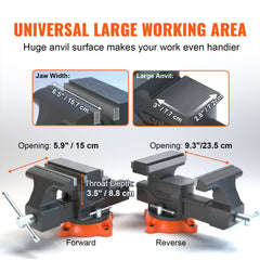 Bench Vise, 16.5 cm Jaw Width 16.5 cm Forward & 23.6 cm Reverse