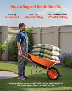 Wheelbarrow Cart, 5 Cu. Ft. Load & 330 lbs Capacity, One Wheel Garden