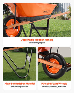Wheelbarrow Cart, 5 Cu. Ft. Load & 330 lbs Capacity, One Wheel Garden