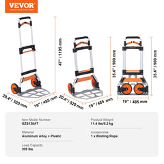 Folding Hand Truck, 309 lbs Load Capacity, Aluminum Portable Cart,