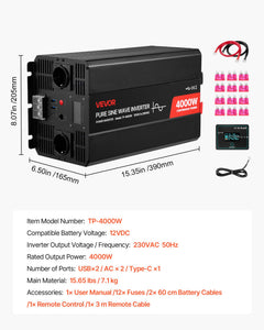 4000W Power Inverter, 12V DC to 230V AC Pure Sine Wave Inverter, Solar