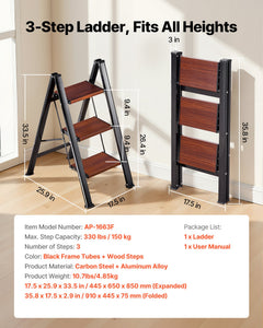 3 Step Ladder, Folding Step Stool with Wide Anti-Slip Pedal and