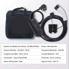 Portable EV Charger Type 2, 16A 3.7 kW, Electric Vehicle Car Charger