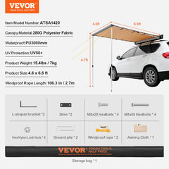Car Side Awning, Large 4.6'x6.6' Shade Coverage Vehicle Awning,
