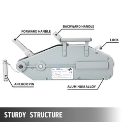 Wire Rope Puller 1.6T/1587.6 kg Capacity Hand Winch Rope 2011.7 cm