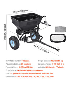Tow Behind Broadcast Spreader, 130LBS Capacity, Tow/Push Garden