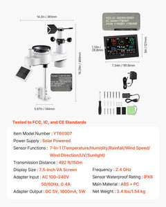 7-in-1 Wi-Fi Weather Station with APP, 190.5 mm VA Display, Wireless