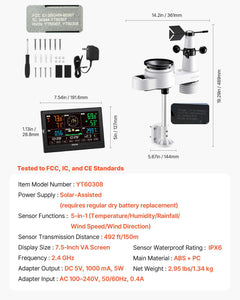 5-in-1 Wi-Fi Weather Station, 190.5 mm VA Display, Wireless Solar