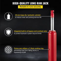 Hydraulic Long Ram Jack, 8 Tons/17363 lbs Capacity, with Single Piston